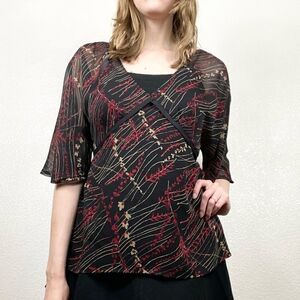 Apt 9 y2k Black & Red Floral Wide Sleeve Sheer Tie Back Blouse